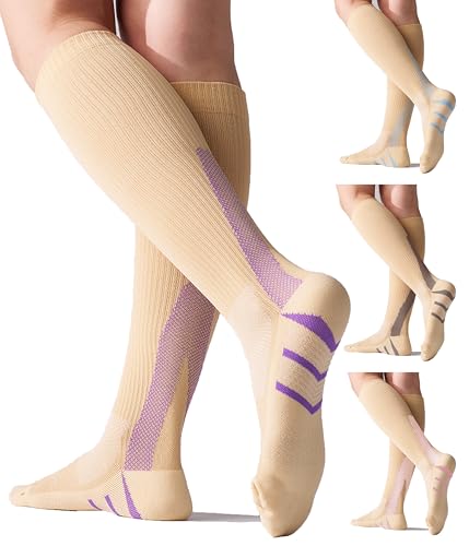 4 Pairs 20-30mmHg Compression Socks for Women Knee High Flying - color: Beige Mix, size: Large-X-Large