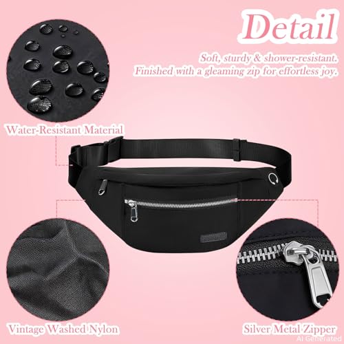 MAXTOP Large Crossbody Fanny Pack Belt Bag for Women Men with Silver Zipper - color: Black(Washed Nylon with Silver Metal Zipper), size: Large