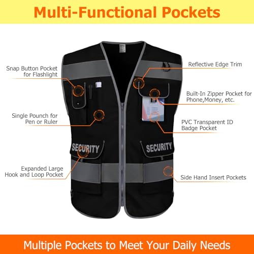 TCCFCCT Security Vest for Security Guard 9 Pockets Safety Vest, Black L - color: Black-bison 09, size: Large