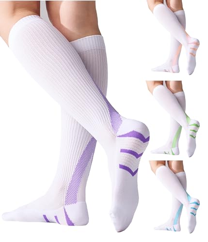4 Pairs 20-30mmHg Compression Socks for Women Knee High Flying - color: White Mix, size: Large-X-Large