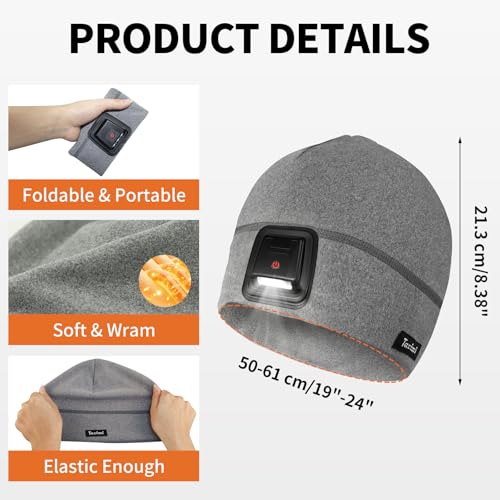 Taximi Led Beanie with Light, USB Rechargeable Headlamp Beanie, Fleece Flashlight Hat for Running, Gift for Men Dad Husband - color: Grey