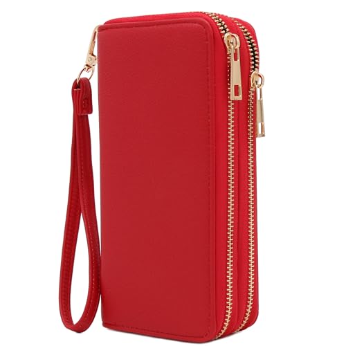 FashionPuzzle Double Zip Around PU Leather Wristlet Cell Phone Wallet - color: Red