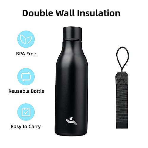 Konokyo 18 oz Insulated Stainless Steel Metal Water Bottle with Strap - color: Black, size: 18 Ounces