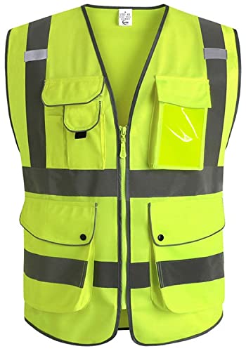 XIAKE 9 Pockets Class 2 High Visibility Reflective Safety Vest for Men Women,Meets ANSI/ISEA Standard - color: Yellow, size: X-Large