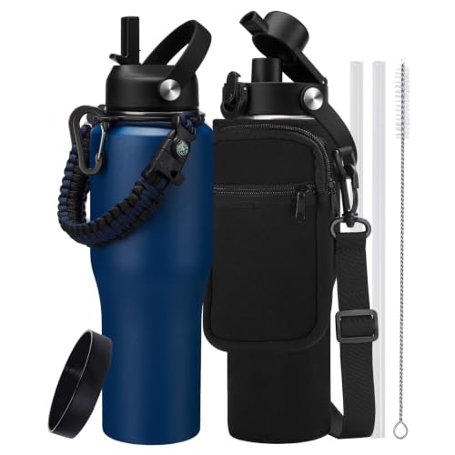 32 oz Vacuum Insulated Water Bottle, Fits Car Cup Holder – Leak Proof Mug - color: Navy Blue, size: 32 Ounces