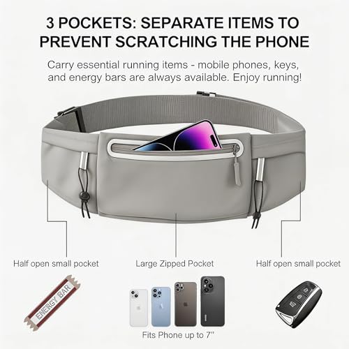 Running Belt Fanny Pack:3 Pocket Waist Bag for Men Women Workout Exercise Fitness Phone Holder Fits All Phones - Runner Marathon Jogging Race Belt with Bib Clip (Grey) - color: Grey