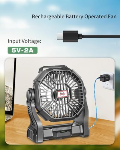 AEscod Portable Camping Fan, Rechargeable Battery Operated with LED Lights, Hanging Hook, 270°Rotation, 20000mAh Battery Powered Fan for Beach, Office, Picnic, Fishing, Travel, Tent - color: black