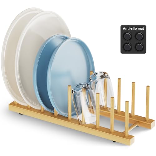 Bamboo Dish Drying Rack for Kitchen Organizer-Sturdy Plate Rack Organizer with Natural Bamboo,Dish Rack Holds Plates, Bowls, Cups & Cutting Boards-Dish Drying Rack for Countertop & Cabinets