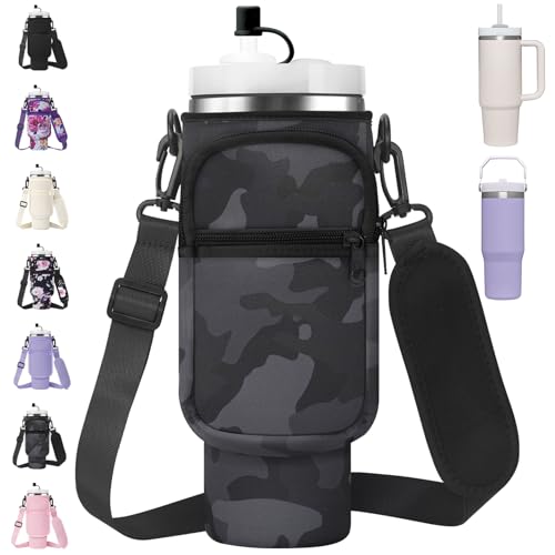 AceTreker Water Bottle Carrier Bag with Strap for Stanley 40/30 oz Tumbler Neoprene Insulated Cup Holder Sleeve with Phone Pocket & Straw Cover for Stanley Cup Accessories - color: 02-Black Camo, style: 30 Oz