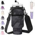 AceTreker Water Bottle Carrier Bag with Strap for Stanley 40/30 oz Tumbler Neoprene Insulated Cup Holder Sleeve with Phone Pocket & Straw Cover for Stanley Cup Accessories - color: 02-Black Camo, style: 40 Oz