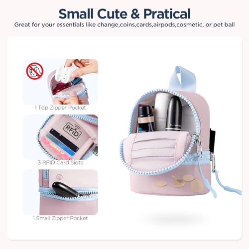 Babysun Mini Backpack Keychain Wristlet Pouch Small Change Coin Purse Cute Zipper Wallet With 3 RFID Card Slots For Women/Men Airpods Cosmetics - color: Pink Blue