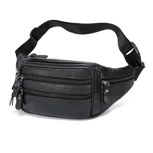 Black Leather Fanny Pack for Men & Women, Fashionable Multi-Pockets Waist Belt Bag for Travel Sports Hiking Cycling Fishing Running - color: 810#black