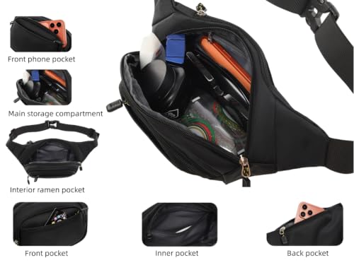 Large Fanny Pack for Men Women NSYOOMH, Crossbody Waist Bag 5-Zipper Pocket - color: Black