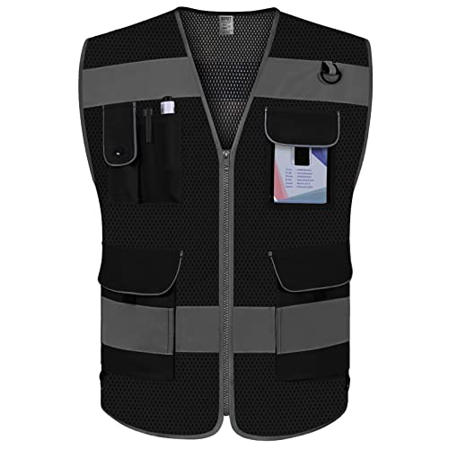 TCCFCCT Mesh Reflective Safety Vest 9 Pockets High Visibility, Black XXL - color: Black-bison 03, size: XX-Large