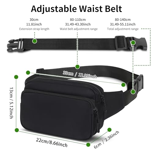 Fanny Pack Nylon Mini Belt Bag Everywhere Belt Bag for Women Water Repellent Waist Packs Crossbody Bags with Adjustable Strap - color: Black