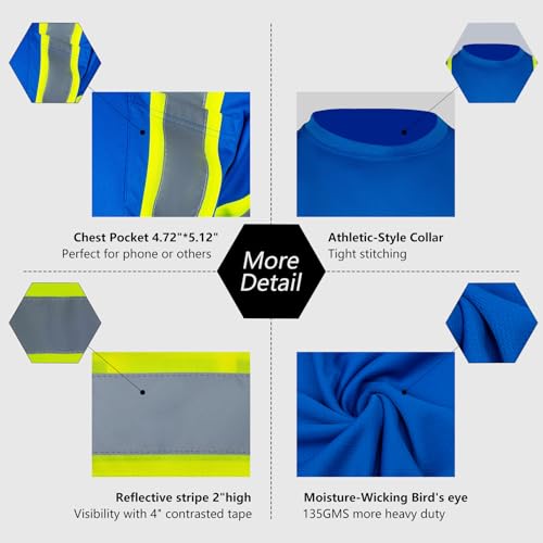 VENDACE Men's High Vis Safety Work T Shirt ANSI Class 1 Reflective Long Sleeve Shirt with Pocket(Royal Blue,L) - color: Royal Blue, size: Large