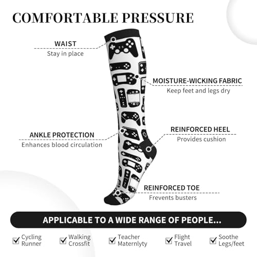 Compression Socks Knee High Circulation Support Socks For Women Men Athletic Running Hiking Cycling - color: Video Game Controller