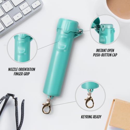 Packin' Heat 0.28 oz Compact Pepper Spray for Self Defense, Small Keychain Pepper Spray for Women, 12 ft Range, 1.44% Major Capsaicinoids, UV Dye, Push-Button Safety Cap, Snap Clip - color: Mint