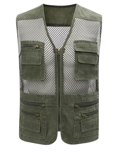 Gihuo Men's Utility Vest Fishing Safari Vest Summer Travel Vest with Pockets - color: Green, size: Small