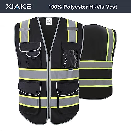 XIAKE 9 Pockets Class 2 High Visibility Reflective Safety Vest for Men Women,Meets ANSI/ISEA Standard - color: Black Yellow Trim, size: 3X-Large