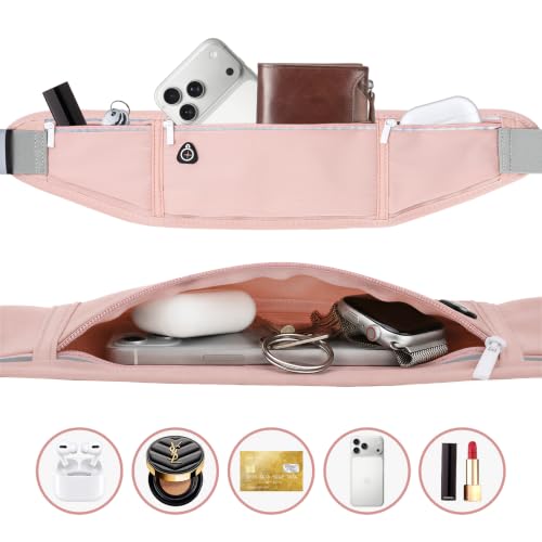 Running Belt for Men & Women, Slim Fanny Pack for Runner, Adjustable Waist Pouch with Phone Holder, Waist Pack Fits All Phones, Run Belt Bag for Running Walking Cycling Gym Camping - Pink - color: Pink