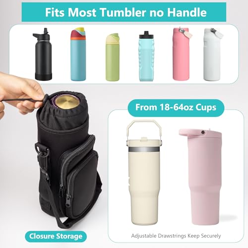linmaya Water Bottle Carrier Bag,Water Bottle Holder with Straps Phone Pockets Fits Stanley IceFlow Owala 16/24/32/40oz Tumbler - color: Black, size: 16-40 Oz wihtout Handle