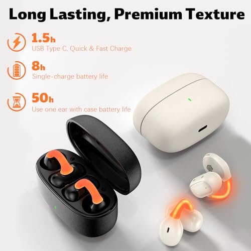 TOPAUX Open Ear Wireless Earbuds Secure Clip Sports Headset White