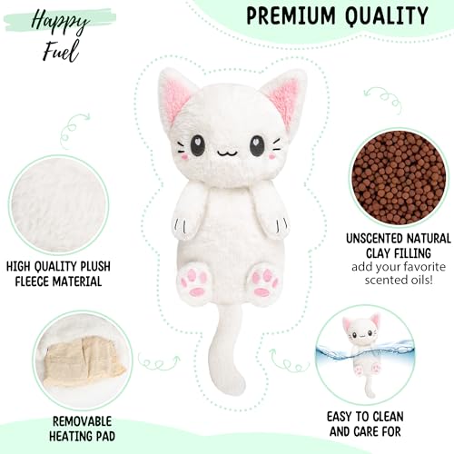 White Cat Microwavable 1.5 lbs Unscented Heating Pad for Women and Kids- Cute Soft Cozy Pillow Plush Heatable Warm Stuffed Animals - Kawaii Hot and Cold Plushie - White Cat Gifts for Girls and Women - color: White Cat