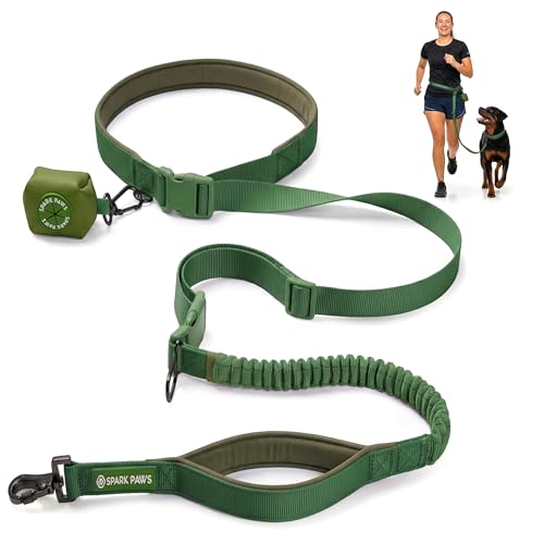 Spark Paws Hands Free Dog Leash - Bungee Waist Belt for Running & Walking - color: Army Green