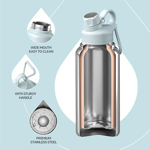IDEUS Insulated Stainless Steel Water Bottle with 2 Leak-Proof Lids, Thermal Water Flask for Hiking Biking, 32oz, Light Blue - color: Light Blue, size: 32 Ounces
