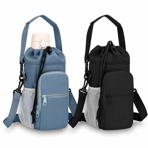 2 Pack Water Bottle Holder Bag with Strap for 30-40 Oz Bottles - color: black and blue