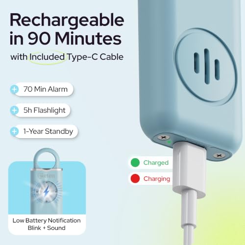 Personal Safety Alarm Keychain for Women, 130dB, USB-C Rechargeable - color: C - Blue