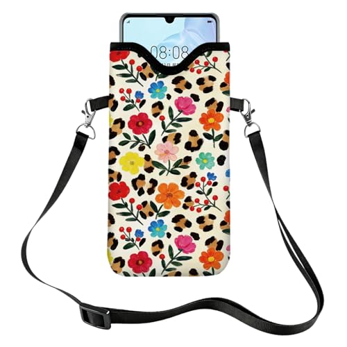 GLOBLELAND Flower Nylon Cell Phone Sleeve Pouch Case Bag 7.1×3.9 inch Leopard Print Shockproof Universal Phone Bag with Crossbody Strap Neck Lanyard for Women Men Phone Headphones Watch - color: Flowers