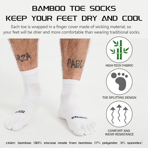 Sunew 3 Pairs Toe Socks for Men Women,Viscose Bamboo Breathable Athletic Running Five Finger Ankle/Quarter Socks - color: White, size: Medium