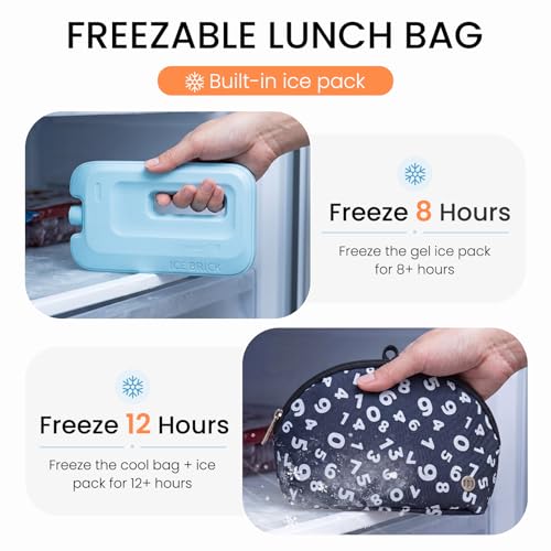 MEXS Small Cooler Bag, Freezable Snack Bag for Kids & Adults, Small Insulated Lunch Bag with Upgraded Thicker Ice Pack, Reusable Mini Cooler for Work/School/Travel - color: Black Numbers