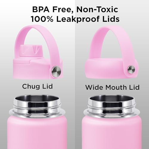 ThermoProof Double-Walled Vacuum Insulated Stainless Steel Water Bottle - Wide Mouth with Chug & Spout Lids, Dishwasher Safe, Reusable, Leakproof, Hot & Cold for Men, Women & Kids - 22oz, Pink - color: Pink, size: 22 Ounces