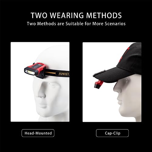 SUNREI Rechargeable Motion Sensor Clip on Hat Light with 150 Lumen & 600 mAh Headlamp, Rotatable Headlamp Flashlight for Fishing Camping Running Hand Work, Include Headband (Red) - size: H150-red