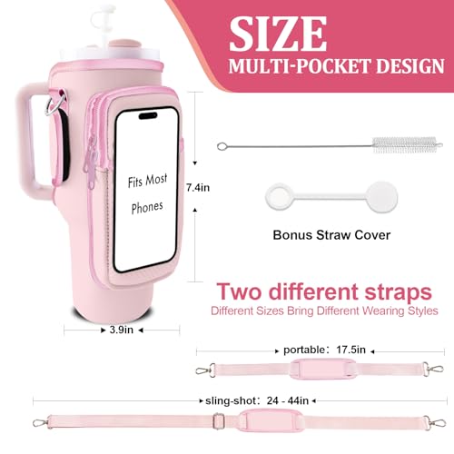 Stanley Carrier Bag for Stanley 40oz/30ozTumbler with Phone with 2 Adjustable Strap,3 Pockets Bottle Stanley Cup Carrier Bag & Case,Accessories for Hiking Travelling - color: Pink