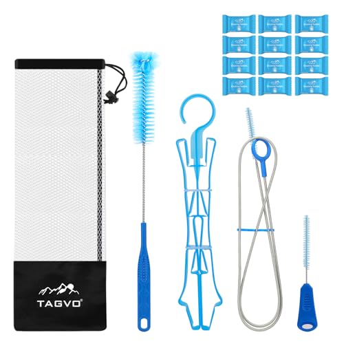 TAGVO Hydration Bladder Cleaning Kit, 6 in 1 Water Bladder Cleaner Set - 3 Brushes, Collapsible Hanger, 12 Cleaning Tablets & Carry Pouch, Water Reservoir Backpack Cleaning Tools