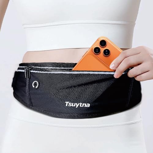 Running Belt for Women & Men - Slim Phone running belt with Water-Resistant Phone Holder, 3 pockets Adjustable Waist Strap, Reflective Safety Design for Running, Hiking, Travel，Fitness(Black) - color: Black