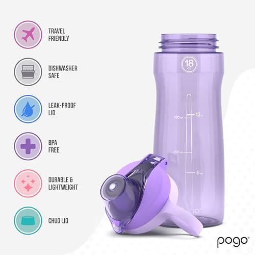 Pogo 18oz Plastic Water Bottle with Chug Lid and Carry Loop, Lilac, 18 Ounces (Pack of 6) - color: Lilac, size: 18 Ounces (Pack of 6)