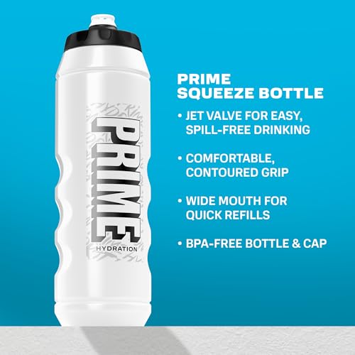 PRIME 32 oz White Graffiti Squeeze Sports Water Bottle, BPA Free, Dishwasher Safe, Easy-Grip Ergonomic Leakproof Design, Fast Hydration for Gym, Cycling, Running - color: White
