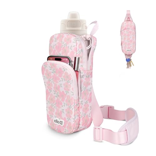 Ello Crossbody Sling Water Bottle Bag | Fits 24oz | Pockets, Adjustable Strap, Drawstring Fastener, Machine Washable - color: Petal Cascade
