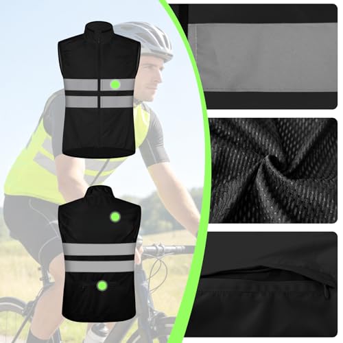 Cycling Vest for Men, Reflective High Visibility Bike Vest, Lightweight Packable Gilet, Full Zip Sleeveless Pocket - color: Black, size: XX-Large