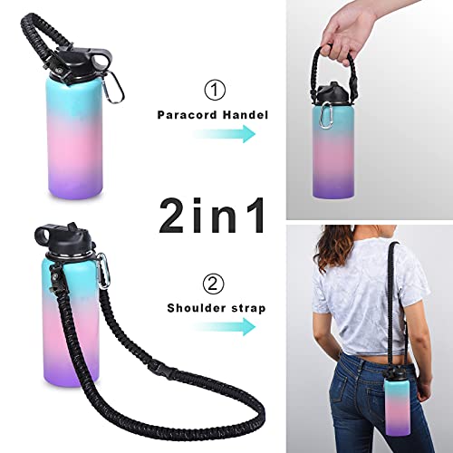 Wongeto Paracord Handle Carrier Holder with Shoulder Strap,Compatible with Hydro Flask Wide Mouth Water Bottles - color: Black/Compass