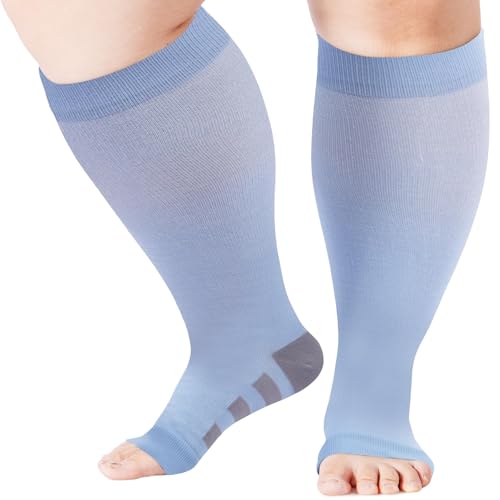Abodhu Plus Size Compression Socks Open Toe Compression for Women& Men 15-20mmHg Wide Calf Knee High Toeless Compression Sock - color: Baby Blue, size: 5X-Large-6X-Large