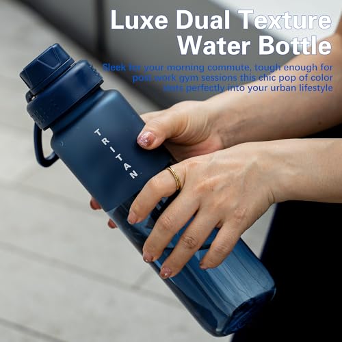 OLDLEY 32oz Water Bottle with Handle, BPA-Free Tritan Reusable Sports Water Bottle with Leak-Proof Dust Lid, Wide Mouth, Cup Holder Friendly, Half Frosted Clear Bottle for Gym, Travel, Work,Navy Blue - color: Navy Blue
