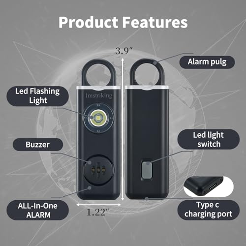 Rechargeable Personal Safety Alarm Keychain for Women,Self Defense Keychain Alarm with Strobe Light and 130dB Siren Help Women,Men,Elderly, Emergency Security Whistle Alert (Black)