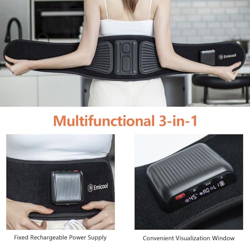 Lower Back Massager Belt with Four Modes Heating & Massage & Red Light, Ergonomic Support Massage Belt with Timer, Portable Cordless Heating Pad for Back Relieve Pain, Battery-Powered