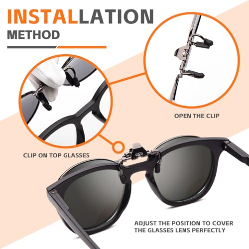 JO Polarized Clip-On Sunglasses UV400 Anti-Glare Lenses with Metal Frame Round - color: Black, size: 52 mm